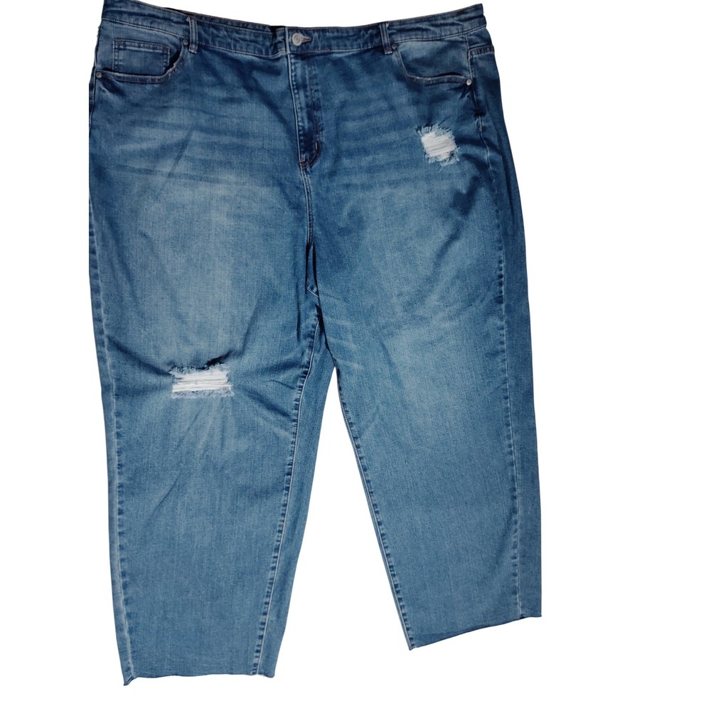 Eloquii Denim Plus Size 28 Distressed High Rise Straight Leg Blue Jeans Raw Hem